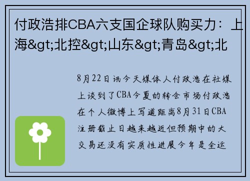 付政浩排CBA六支国企球队购买力：上海>北控>山东>青岛>北京>山西
